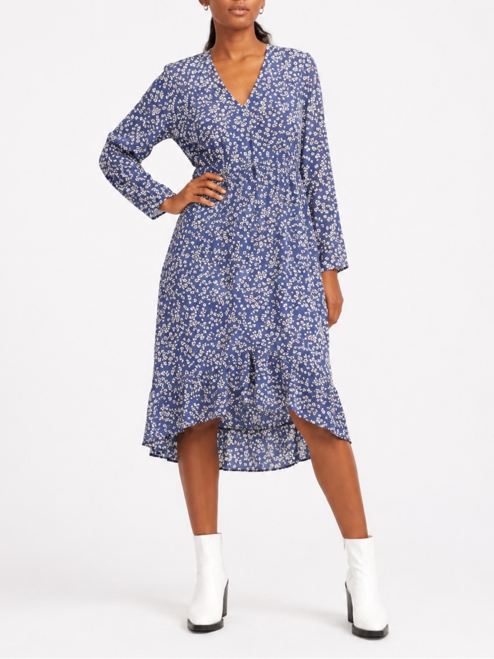 RAILS Blue Floral Midi Dress High Low Boho Drawstring Waist Long Sleeve XS